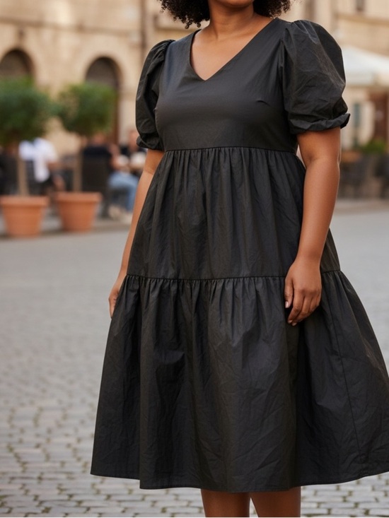 MELLODAY Dresses & Skirts - Ashley Stewart Melloday Black V-Neck Puff Sleeve Tiered Midi Dress